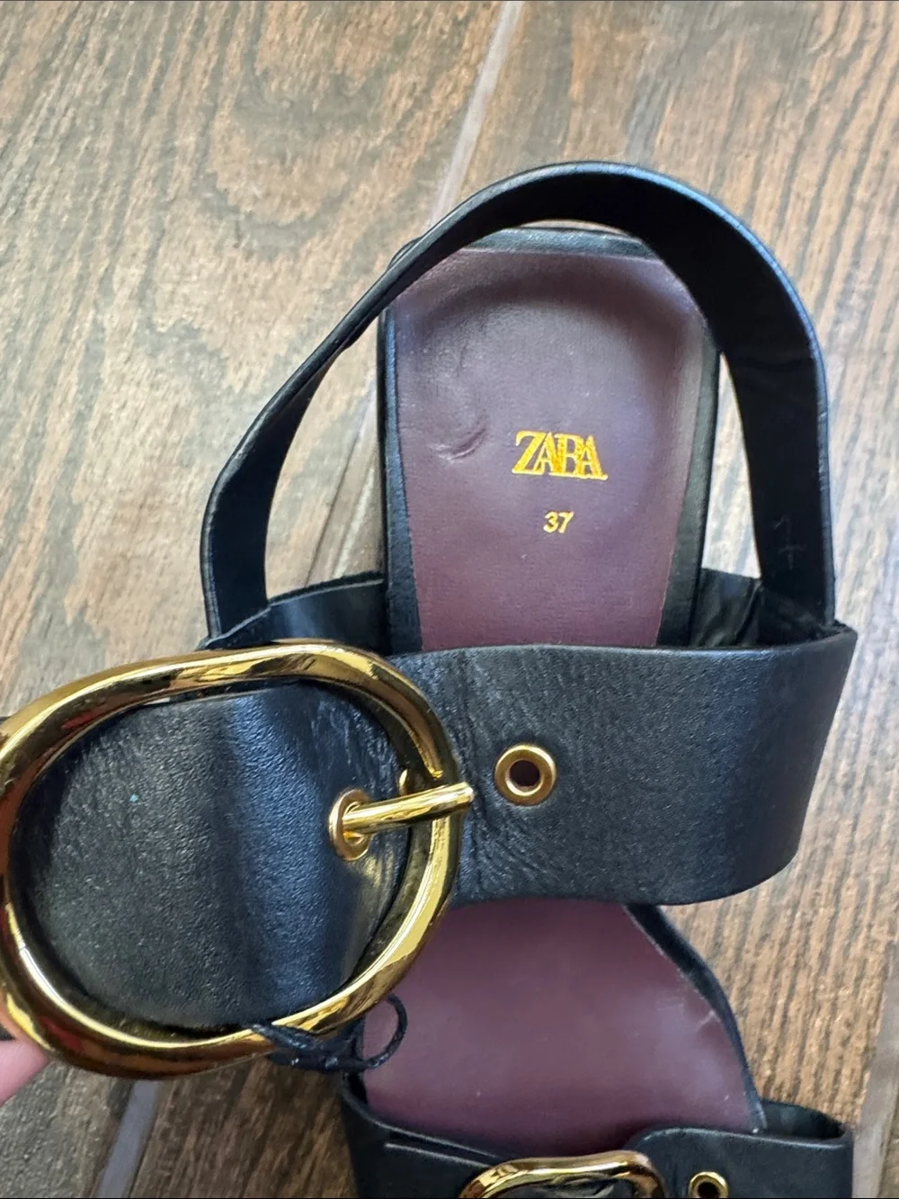 Zara Black Leather Square-Toe Slide Sandals with Gold Buckles - Picture 3 of 6